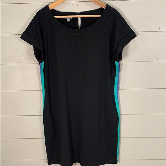 Talbots NWT Black Dress with Blue and Green Accent stripes down the sides large - Picture 2 of 13